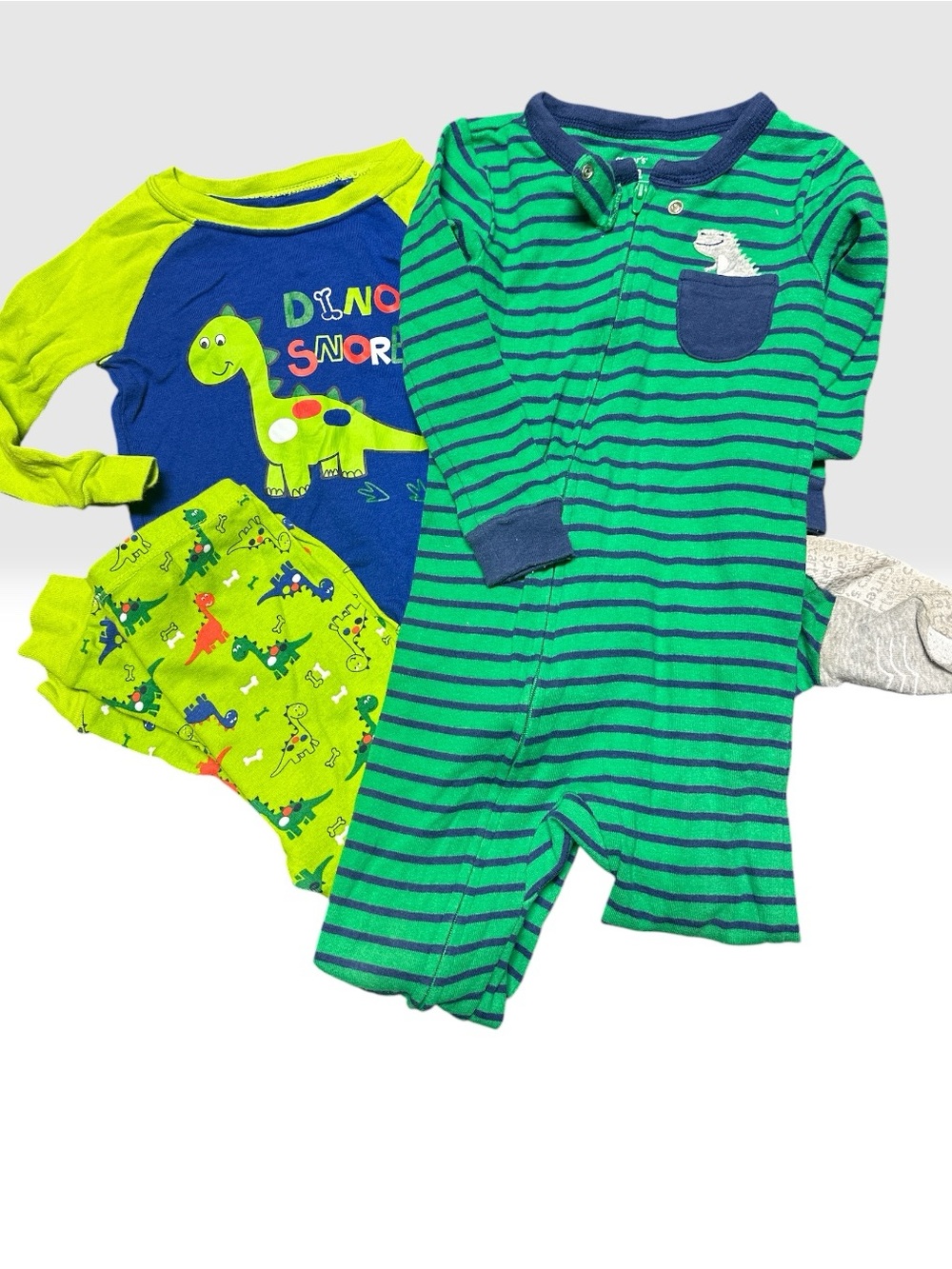Carter's Green & Navy Striped Dino One-Piece Footie Set